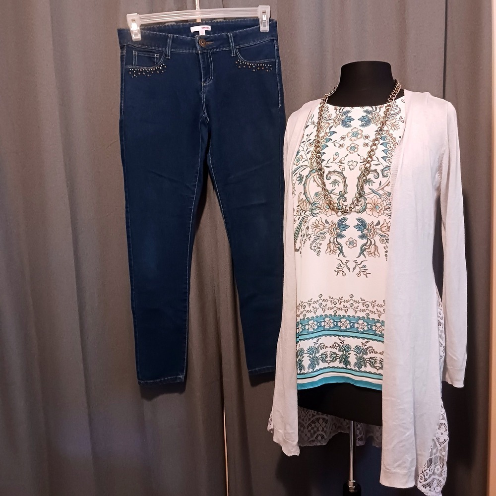 Bongo Studded Skinny Jeans 7  Cottagecore Tunic Tank M Lace Trim Cardigan S
